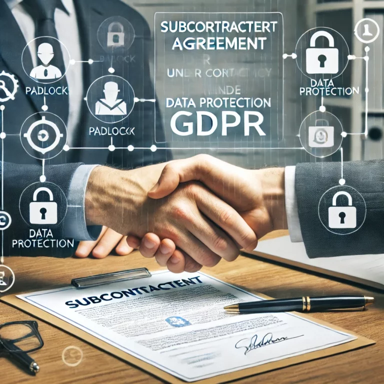 KLICAT DALL·E 2024 12 18 01.32.26 Two hands shaking over a desk with legal documents symbolizing a subcontractor agreement under GDPR. The scene is professional with symbols like pad