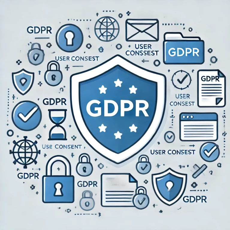 KLICAT DALL·E 2024 12 18 01.35.25 An illustration of a large GDPR shield symbol surrounded by icons like padlocks files and user consent forms representing the concept of GDPR in a